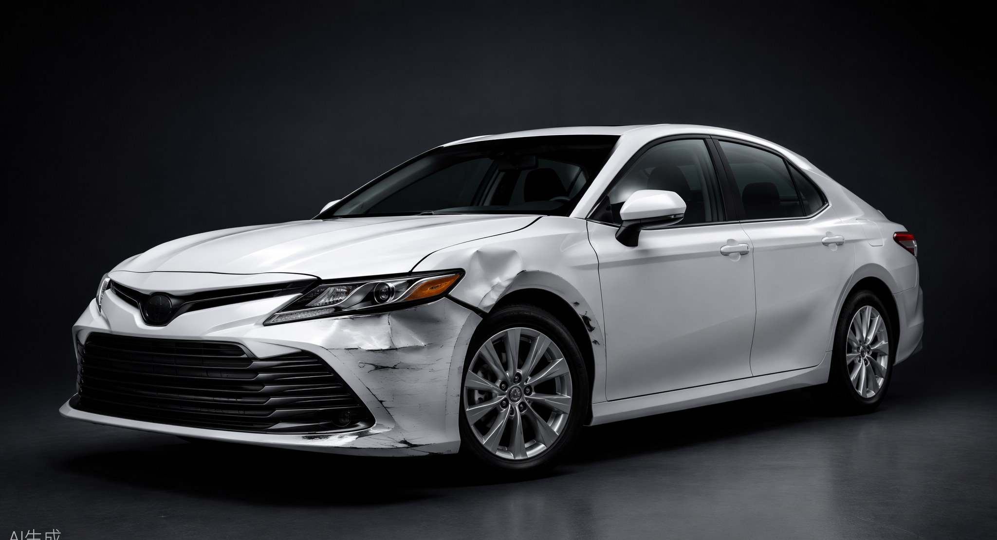 White sedan with dented front fender in studio light